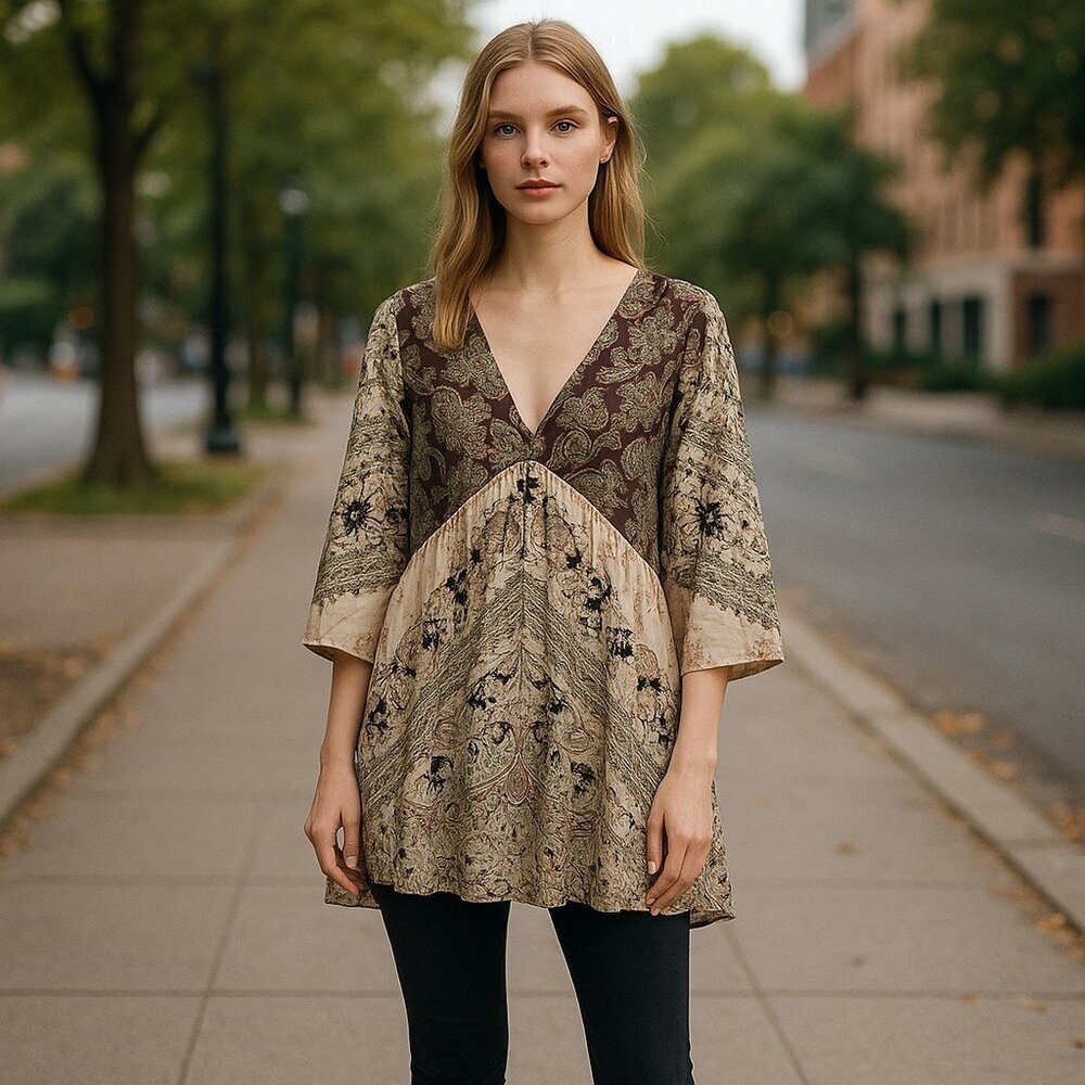 Free People Deep V Front BOHO Style Casual Mini Dress- size S - Picture 2 of 8